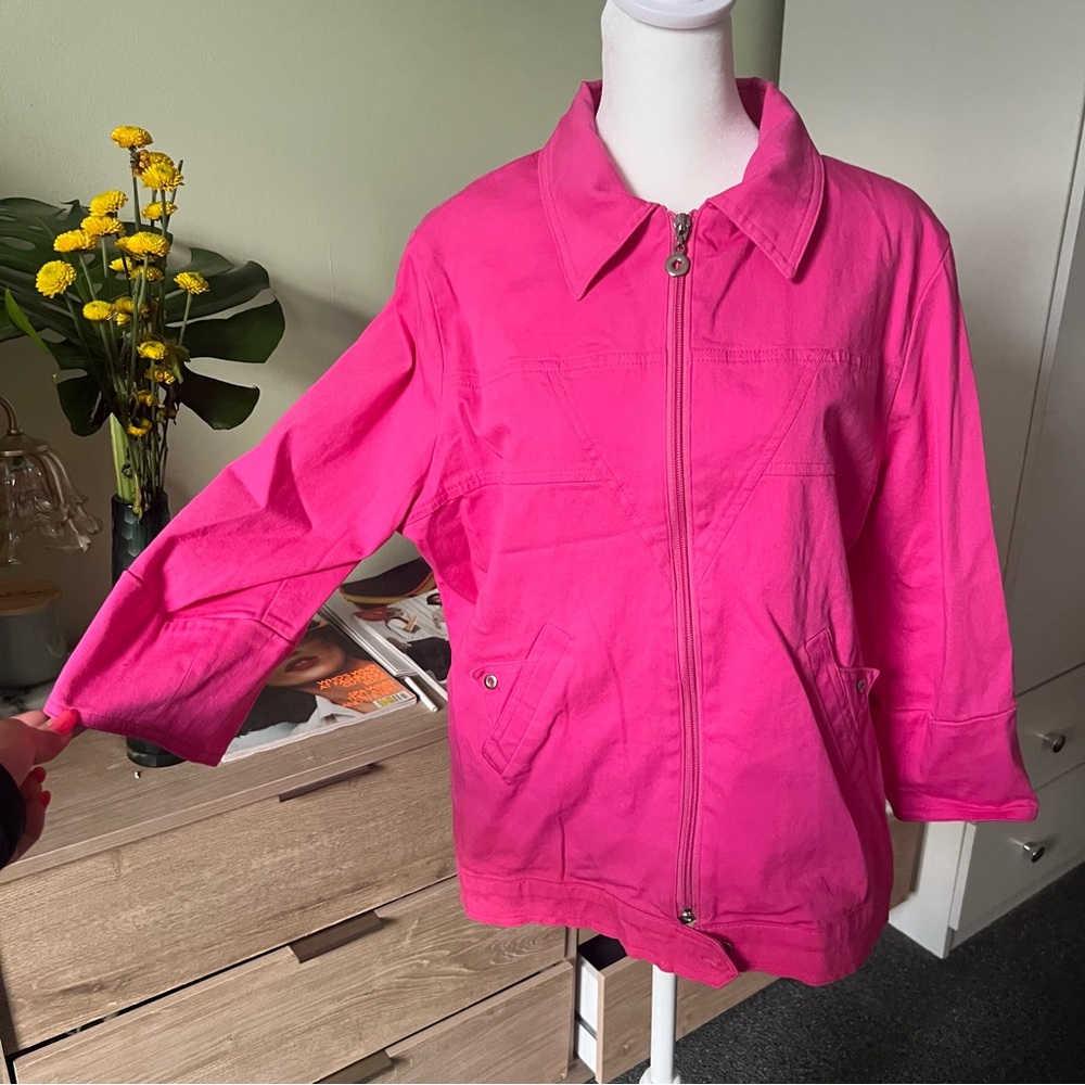 Vintage Bright Hot Pink Colorful Collared Jacket Unique Pockets & Zipper Sz M